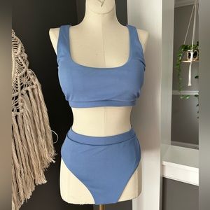 Light blue 2 piece swim. High waisted cheeky bottoms with scoop top